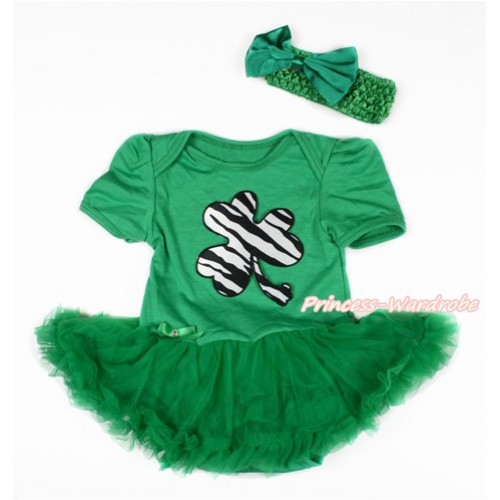 St Patrick's Day Kelly Green Baby Bodysuit Jumpsuit Kelly Green Pettiskirt With Zebra Clover Print With Kelly Green Headband Kelly Green Satin Bow JS3043 
