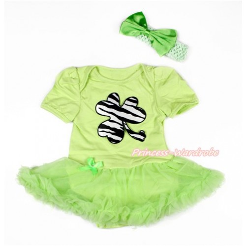 St Patrick's Day Light Green Baby Bodysuit Jumpsuit Light Green Pettiskirt With Zebra Clover Print With Light Green Headband Light Green Satin Bow JS3044 
