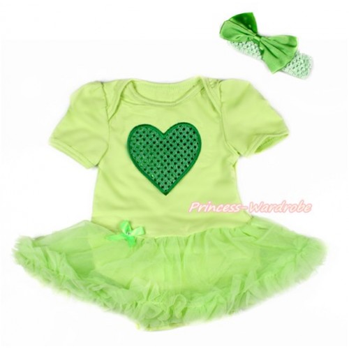 Valentine's Day Light Green Baby Bodysuit Jumpsuit Light Green Pettiskirt With Sparkle Kelly Green Heart Print With Light Green Headband Light Green Satin Bow JS3046 