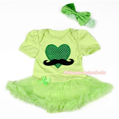 Valentine's Day Light Green Baby Bodysuit Jumpsuit Light Green Pettiskirt With Mustache Sparkle Kelly Green Heart Print With Light Green Headband Light Green Satin Bow JS3047 