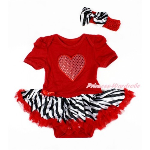 Valentine's Day Red Baby Bodysuit Jumpsuit Zebra Red Pettiskirt With Sparkle Red Heart Print With Red Headband Zebra Satin Bow JS3053 