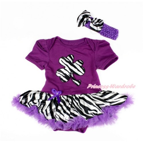St Patrick's Day Dark Purple Baby Bodysuit Jumpsuit Dark Purple Zebra Pettiskirt With Zebra Clover Print With Dark Purple Headband Zebra Satin Bow JS3054 