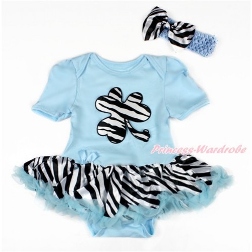 St Patrick's Day Light Blue Baby Bodysuit Jumpsuit Zebra Light Blue Pettiskirt With Zebra Clover Print With Light Blue Headband Zebra Satin Bow JS3055 