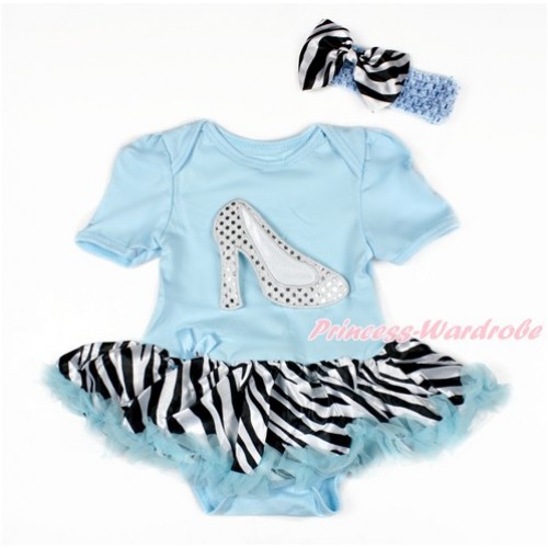 Light Blue Baby Bodysuit Jumpsuit Zebra Light Blue Pettiskirt With Sparkle White High Heel Shoes Print With Light Blue Headband Zebra Satin Bow JS3056 