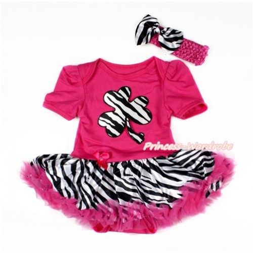 St Patrick's Day Hot Pink Baby Bodysuit Jumpsuit Zebra Hot Pink Pettiskirt With Zebra Clover Print With Hot Pink Headband Zebra Satin Bow JS3058 