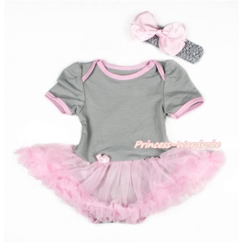 Grey Baby Bodysuit Jumpsuit Light Pink Pettiskirt With Grey Headband Light Pink Silk Bow JS3061 