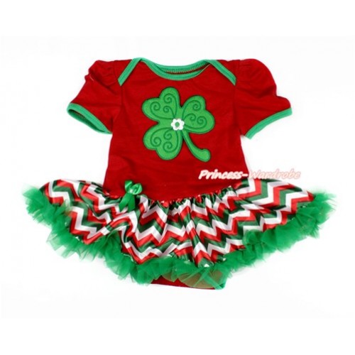 St Patrick's Day Red Baby Jumpsuit Red White Green Wave Pettiskirt with Clover Print JS3085 
