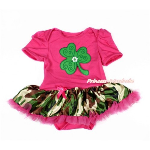 St Patrick's Day Hot Pink Baby Jumpsuit Camouflage Hot Pink Pettiskirt with Clover Print JS3090 