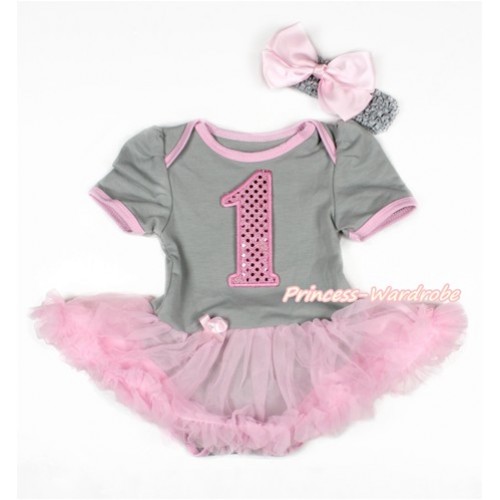 Grey Baby Bodysuit Jumpsuit Light Pink Pettiskirt With 1st Sparkle Light Pink Birthday Number Print With Grey Headband Light Pink Silk Bow JS3098 