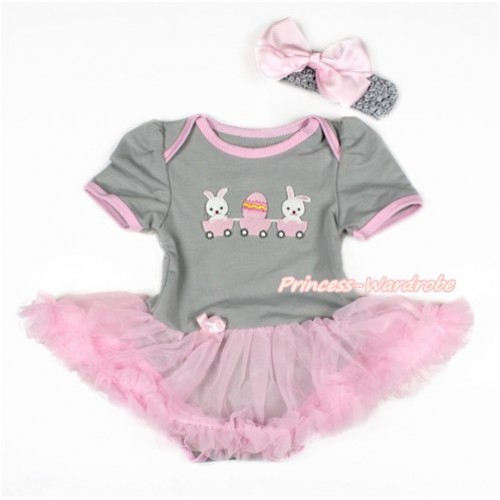 Easter Grey Baby Bodysuit Jumpsuit Light Pink Pettiskirt With Bunny Rabbit Egg Print With Grey Headband Light Pink Silk Bow JS3100 