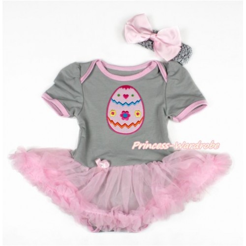 Easter Grey Baby Bodysuit Jumpsuit Light Pink Pettiskirt With Easter Egg Print With Grey Headband Light Pink Silk Bow JS3102 