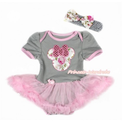 Grey Baby Bodysuit Jumpsuit Light Pink Pettiskirt With Sparkle Light Pink Rose Minnie Print With Grey Headband Light Pink Rose Fusion Satin Bow JS3105 