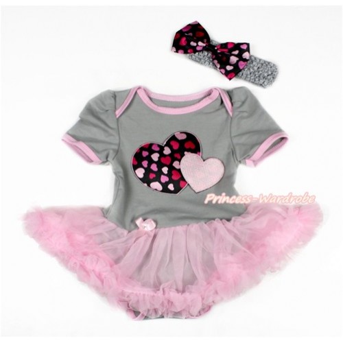 Valentine's Day Grey Baby Bodysuit Jumpsuit Light Pink Pettiskirt With Light Pink Sweet Twin Heart Print With Grey Headband Hot Light Pink Heart Satin Bow JS3106 