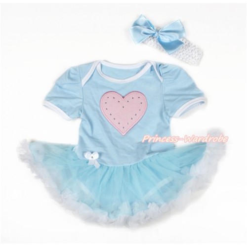 Valentine's Day Light Blue Baby Bodysuit Jumpsuit Light Blue White Pettiskirt With Light Pink Heart Print With White Headband Light Blue Silk Bow JS3116 