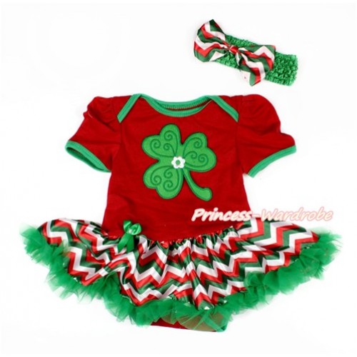 St Patrick's Day Red Baby Bodysuit Jumpsuit Red White Green Wave Pettiskirt With Clover Print With Kelly Green Headband Red White Green Wave Satin Bow JS3119 