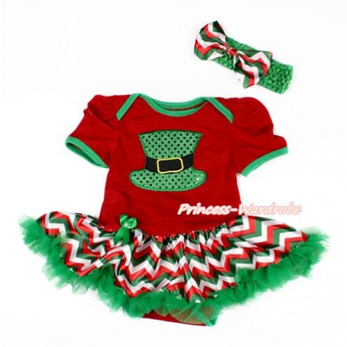 Red Baby Bodysuit Jumpsuit Red White Green Wave Pettiskirt With Sparkle Kelly Green Hat Print With Kelly Green Headband Red White Green Wave Satin Bow JS3120 