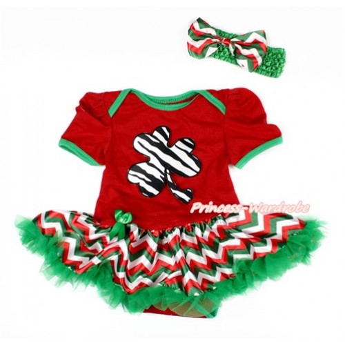 St Patrick's Day Red Baby Bodysuit Jumpsuit Red White Green Wave Pettiskirt With Zebra Clover Print With Kelly Green Headband Red White Green Wave Satin Bow JS3121 