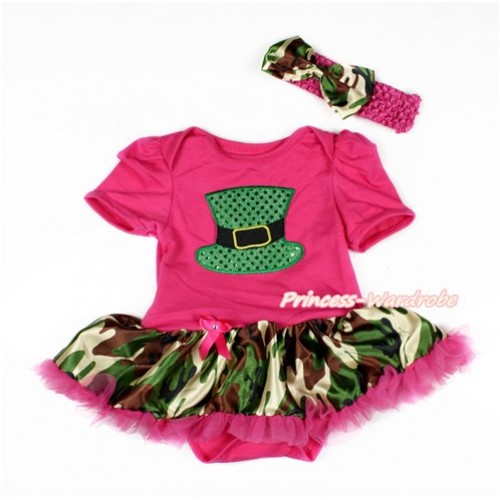 Hot Pink Baby Bodysuit Jumpsuit Camouflage Hot Pink Pettiskirt With Sparkle Kelly Green Hat Print With Hot Pink Headband Camouflage Satin Bow JS3123 