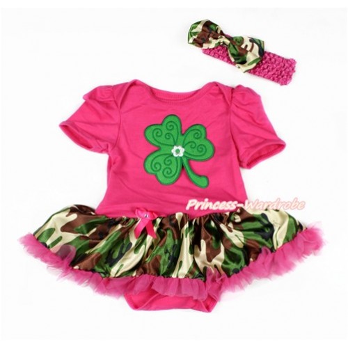 St Patrick's Day Hot Pink Baby Bodysuit Jumpsuit Camouflage Hot Pink Pettiskirt With Clover Print With Hot Pink Headband Camouflage Satin Bow JS3124 