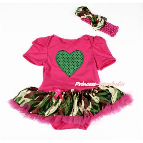 Valentine's Day Hot Pink Baby Bodysuit Jumpsuit Camouflage Hot Pink Pettiskirt With Sparkle Kelly Green Heart Print With Hot Pink Headband Camouflage Satin Bow JS3125 