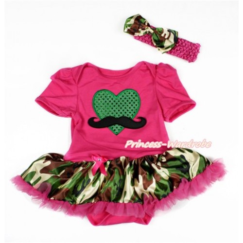 Valentine's Day Hot Pink Baby Bodysuit Jumpsuit Camouflage Hot Pink Pettiskirt With Mustache Sparkle Kelly Green Heart Print With Hot Pink Headband Camouflage Satin Bow JS3126 