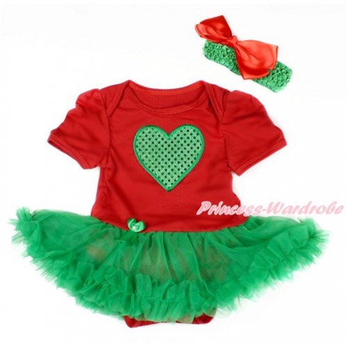 Valentine's Day Red Baby Bodysuit Jumpsuit Kelly Green Pettiskirt With Sparkle Kelly Green Heart Print With Kelly Green Headband Red Silk Bow JS3128 