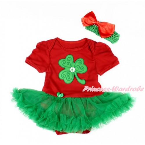 St Patrick's Day Red Baby Bodysuit Jumpsuit Kelly Green Pettiskirt With Clover Print With Kelly Green Headband Red Silk Bow JS3129 