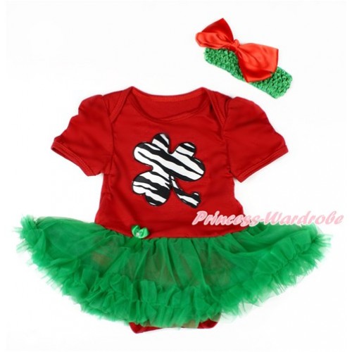 St Patrick's Day Red Baby Bodysuit Jumpsuit Kelly Green Pettiskirt With Zebra Clover Print With Kelly Green Headband Red Silk Bow JS3130 