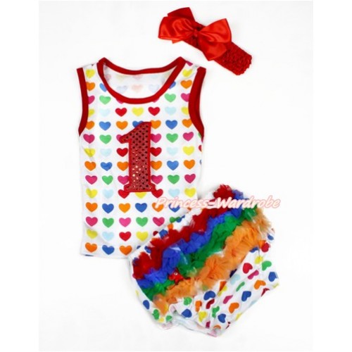 Valentine's Day Rainbow Heart Baby Pettitop & 1st Sparkle Red Birthday Number Print & White Rainbow Heart Bloomers with Red Headband Red Silk Bow LD240 