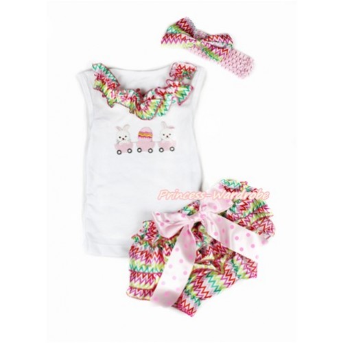 Easter White Baby Pettitop & Rainbow Wave Satin Lacing & Bunny Rabbit Egg Print with Light Hot Pink Dots Bow Rainbow Wave Satin Bloomers with Light Pink Headband Rainbow Wave Satin Bow LD254 
