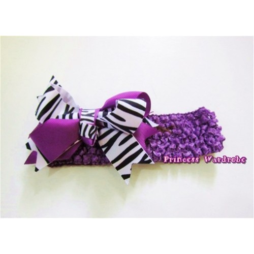Dark Purple Headband with Dark Purple Zebra Screwed Ribbon Hair Bow Clip H570 