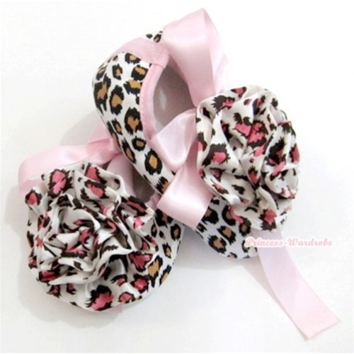 Leopard with Light Pink Ribbon Crib Shoes with Light Pink Leopard Rosettes S506 