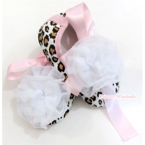 Leopard with Light Pink Ribbon Crib Shoes with White Rosettes S507 