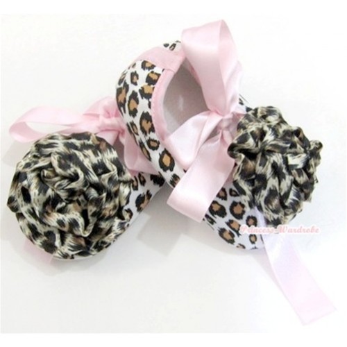 Leopard with Light Pink Ribbon Crib Shoes with Black Leopard Rosettes S508 
