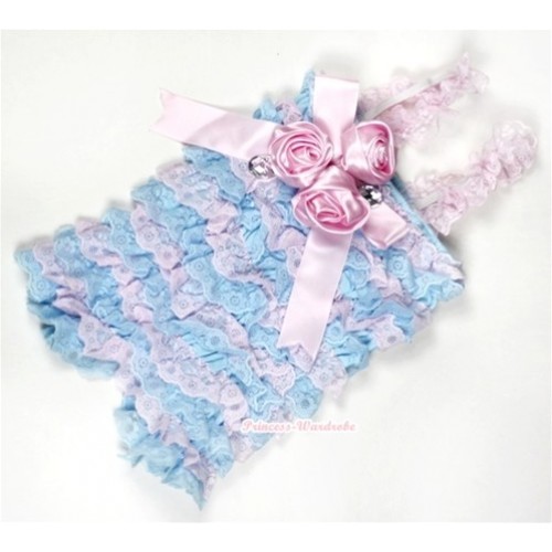 Light Blue Pink Lace Ruffles Petti Rompers With Straps With Big Bow & Bunch Of Light Pink Satin Rosettes& Crystal LR144 