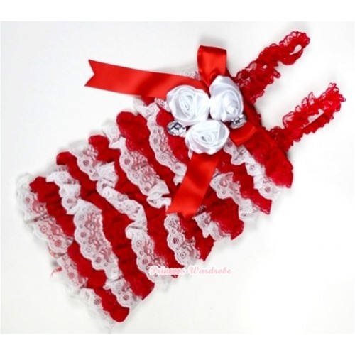Red White Lace Ruffles Petti Rompers With Straps With Big Bow & Bunch Of White Satin Rosettes& Crystal LR143 