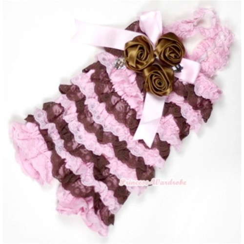 Light Pink Brown Lace Ruffles Petti Rompers With Straps With Big Bow & Bunch Of Brown Satin Rosettes& Crystal LR149 