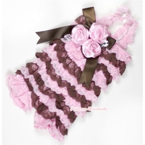 Light Pink Brown Lace Ruffles Petti Rompers With Straps With Big Bow & Bunch Of Light Pink Satin Rosettes& Crystal LR150 