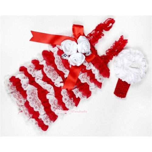 Red White Lace Ruffles Petti Rompers With Straps With Big Bow & Bunch Of White Satin Rosettes& Crystal,With Red Headband White Peony RH103 
