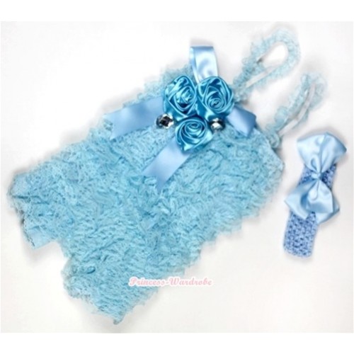 Light Blue Lace Ruffles Petti Rompers With Straps With Big Bow & Bunch Of Light Blue Satin Rosettes& Crystal,With Light Blue Headband Light Blue Silk Bow RH105 
