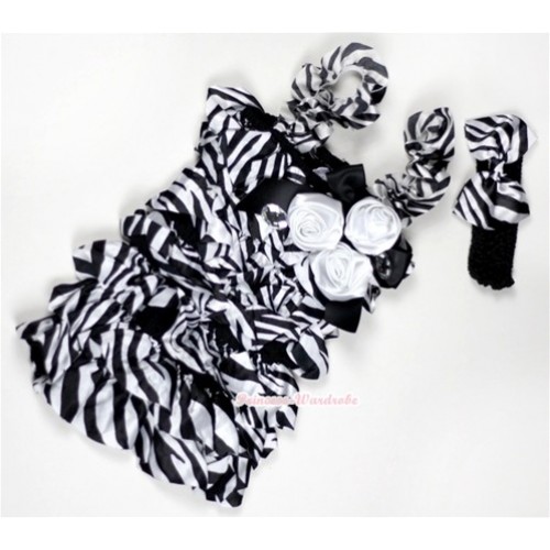 Zebra Petti Rompers With Straps With Big Bow & Bunch Of White Satin Rosettes& Crystal,With Black Headband Zebra Satin Bow RH107 