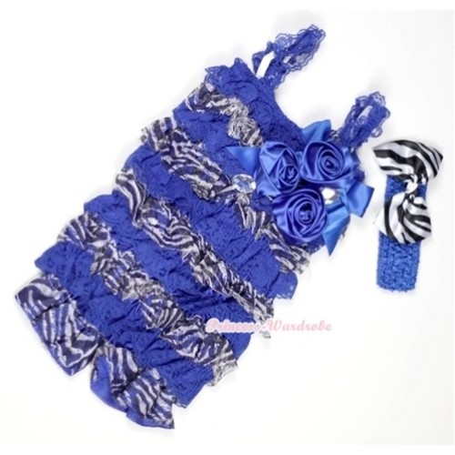 Royal Blue Zebra Lace Ruffles Petti Rompers With Straps With Big Bow & Bunch Of Royal Blue Satin Rosettes& Crystal,With Royal Blue Headband Zebra Satin Bow RH108 
