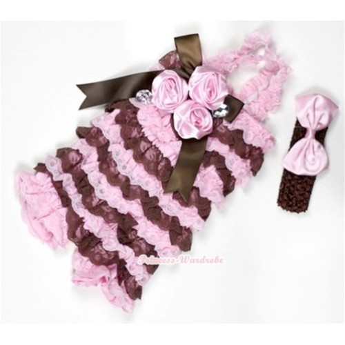 Light Pink Brown Lace Ruffles Petti Rompers With Straps With Big Bow & Bunch Of Light Pink Satin Rosettes& Crystal,With Brown Headband Light Pink Satin Bow RH110 