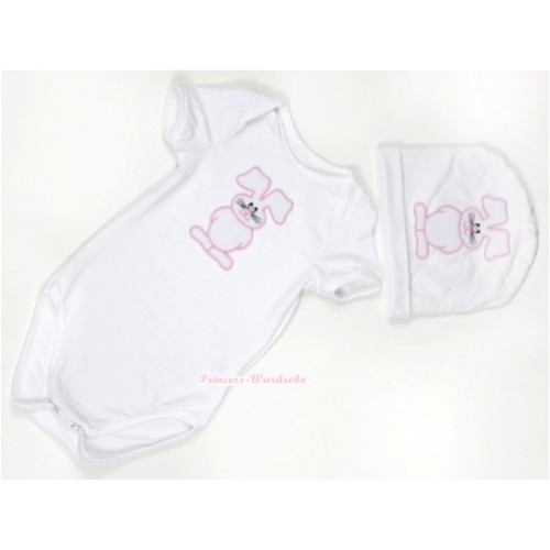White Baby Jumpsuit with Bunny Rabbit Print with Cap Set JP18 