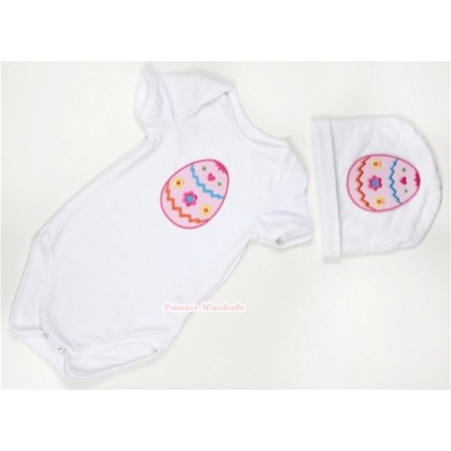 White Baby Jumpsuit with Easter Egg Print with Cap Set JP19 