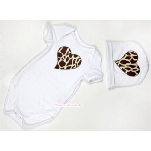 White Baby Jumpsuit with Brown Giraffe Heart Print with Cap Set JP23 