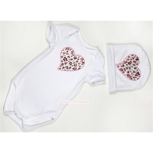White Baby Jumpsuit with Light Pink Leopard Heart Print with Cap Set JP24 