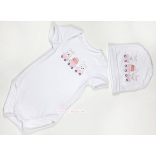 White Baby Jumpsuit with Bunny Rabbit Egg Print with Cap Set JP25 