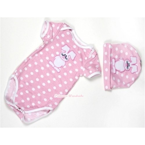 Light Pink White Dots Baby Jumpsuit with Bunny Rabbit Print with Cap Set JP32 