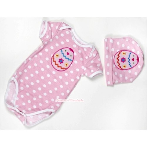 Light Pink White Dots Baby Jumpsuit with Easter Egg Print with Cap Set JP33 